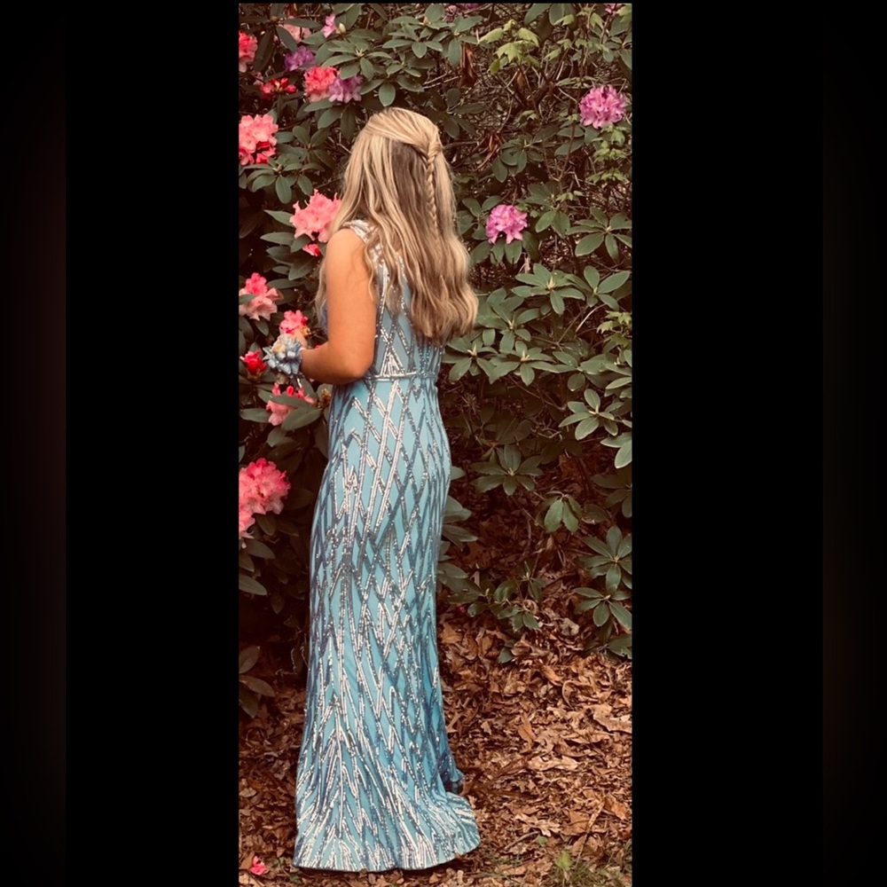 Blue and silver sparkle Maxi Gown from bridal boutique